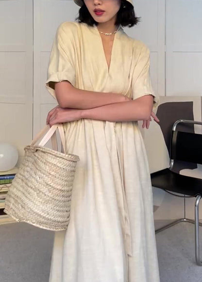 White V Neck Drawstring Pockets Cotton Dress Summer