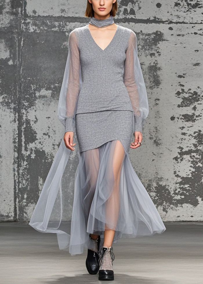 Grey V Neck Patchwork Tulle Knitwear Dress Fall