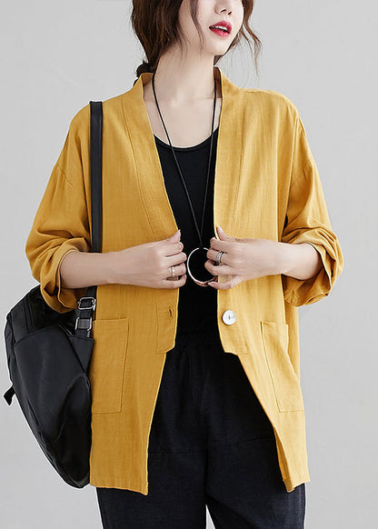 Yellow V Neck Pockets Patchwork Cotton Cardigan Fall