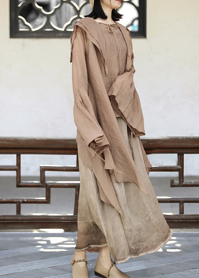 Khaki Asymmetrical Lace Up Cotton Upf 50+ Shirt Flare Sleeve