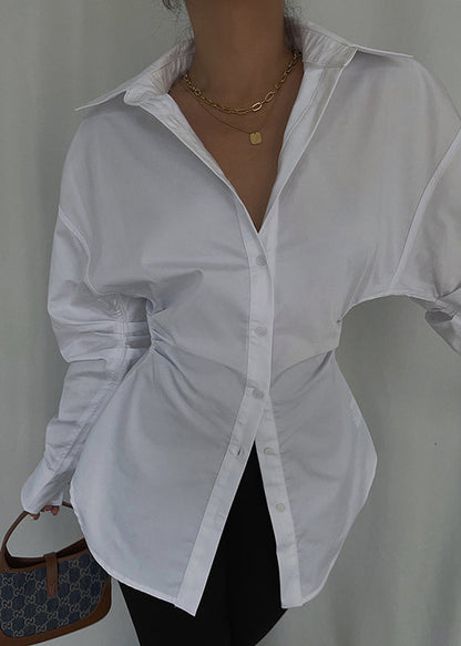 White Cinched Cotton Blouse Tops Spring