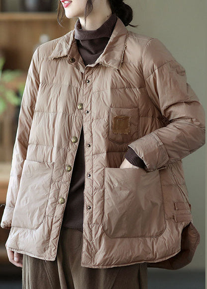 Khaki Button Loose Low High Design Winter Down Coats