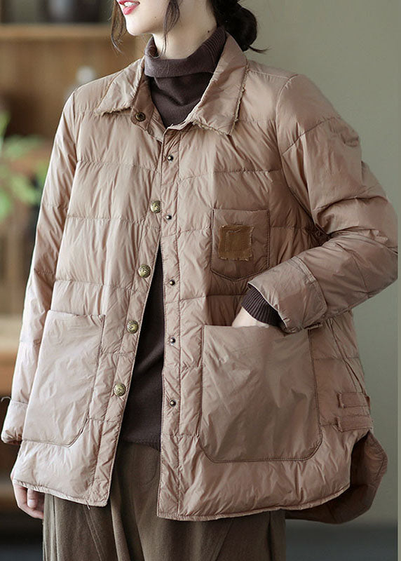 Khaki Button Loose Low High Design Winter Down Coats
