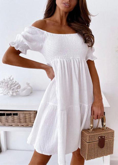 Beige Slash Neck Patchwork Cotton Mid Dress Summer