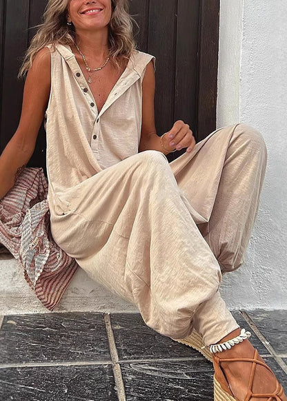 New Beige Hooded Cotton Jumpsuit Sleeveless