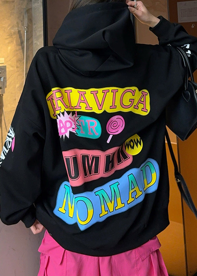 Oversized Black Hooded Cartoon Print Cotton Sweatshirt Spring