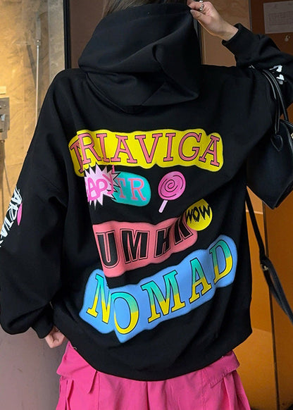 Oversized Black Hooded Cartoon Print Cotton Sweatshirt Spring