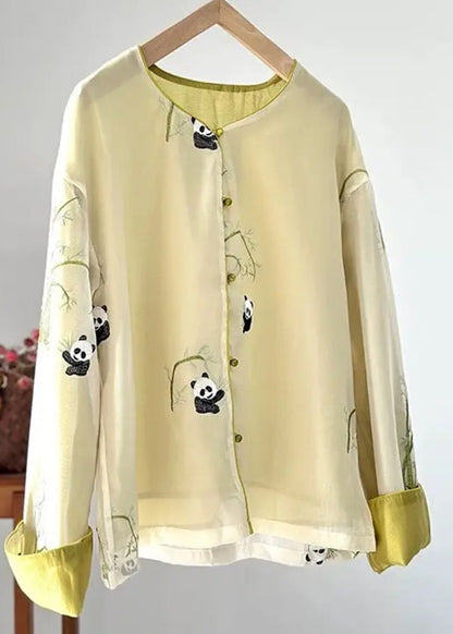 Yellow O-neck Animal Print Silk Coats Fall