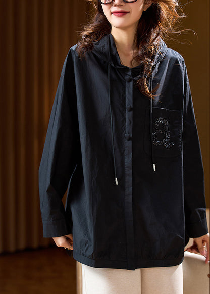 Loose Pink Hooded Button Pockets Cotton Coats Fall