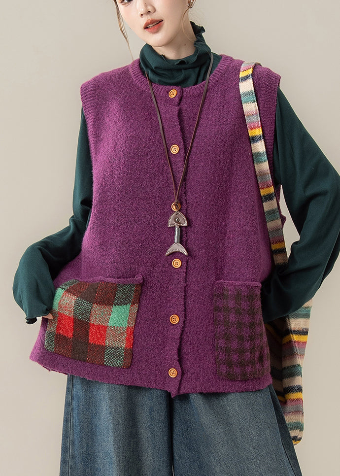 Purple Patchwork Button Cozy Cotton Knit Waistcoat Winter
