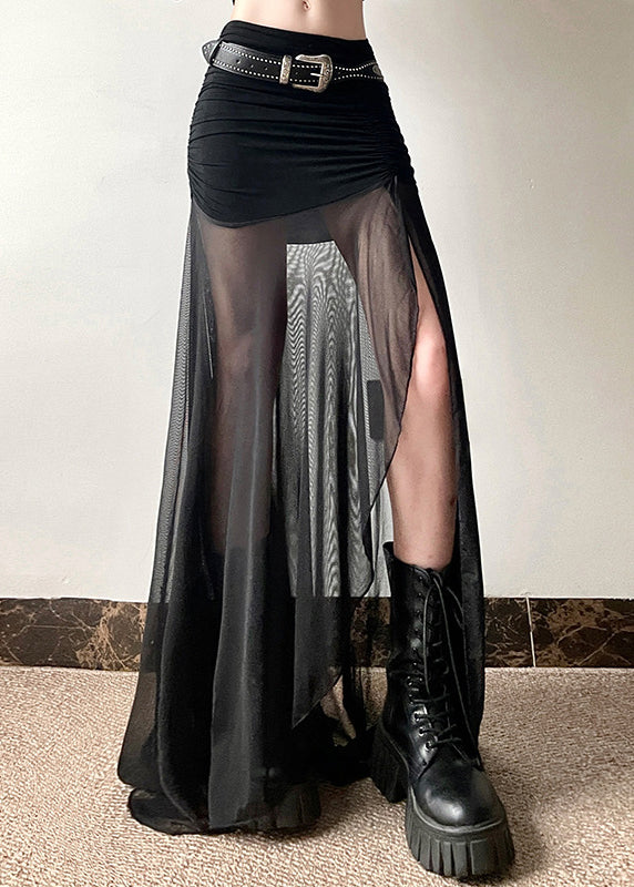 Black Cinched Side Open Tulle Skirts Summer