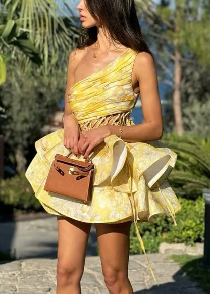 Yellow Asymmetrical Hollow Out Cotton Mini Dresses Sleeveless