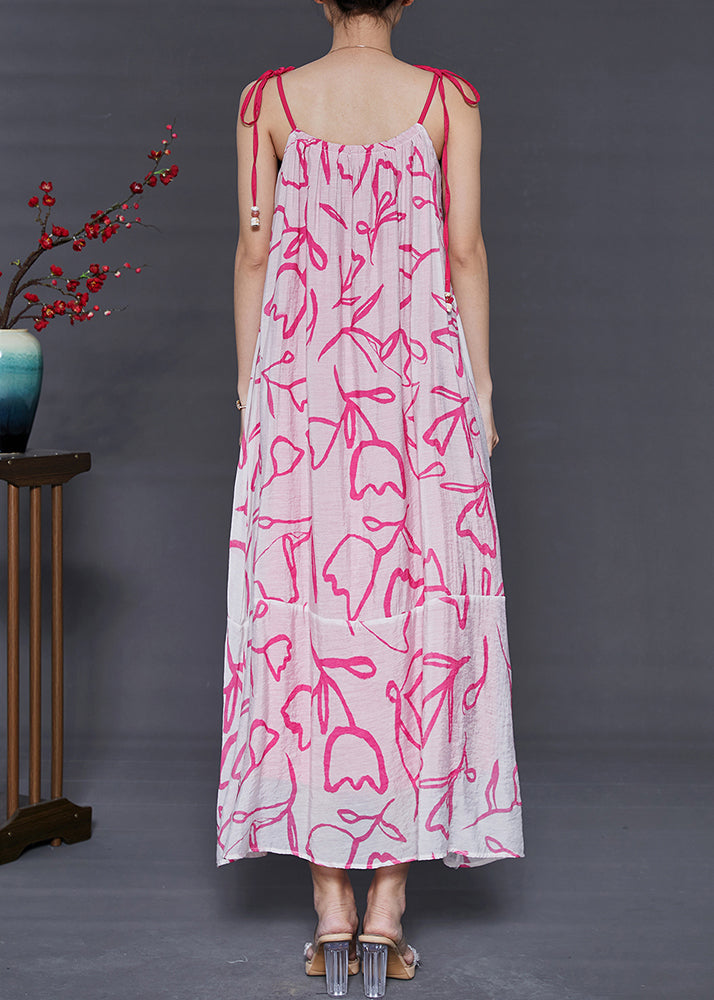Pink Cold Shoulder Print Chiffoncotton Summer Dress