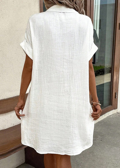 White Peter Pan Collar Button Pockets Cotton Shirt Dress Summer