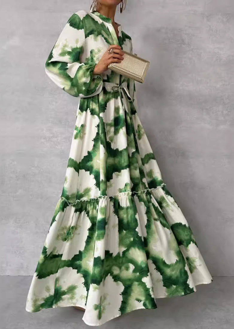 Green Ruffled Print Cotton Ankle Dress Lantern Sleeve