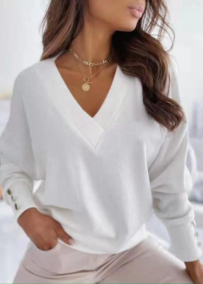 Blue V Neck Patchwork Loose Cotton Tops Fall