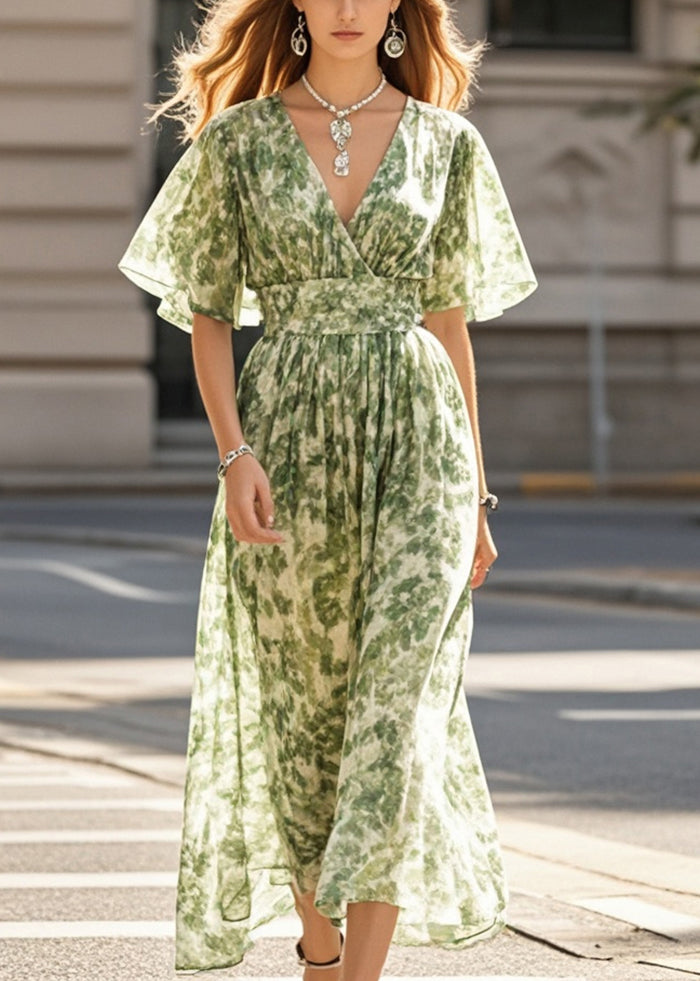 Grass Green Print Chiffon Beach Dress Summer