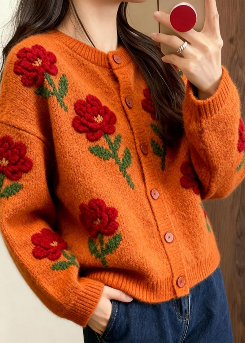 Orange O Neck Knit Loose Cardigans Fall
