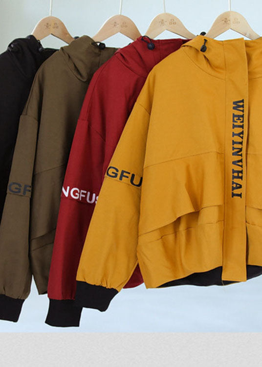 Red Zippered Graphic Patchwork Fall Hooded Coat