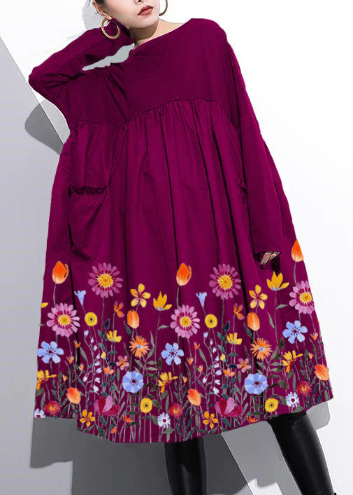 Cinched O Neck Cotton Clothes for Tutorials Purple Dresses