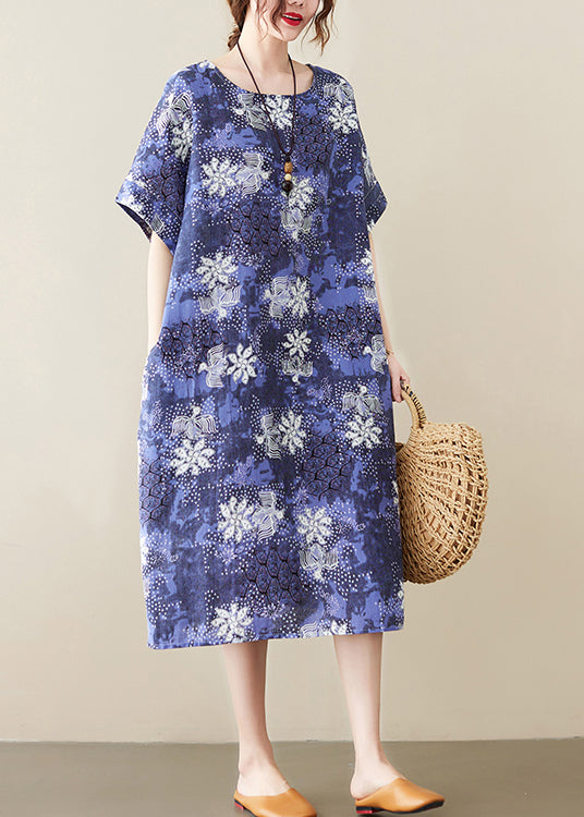 Blue O-neck Print Cotton Holiday Dress Short Sleeve