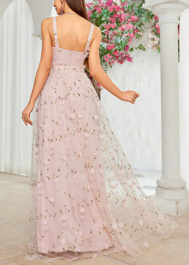Pink Zippered Backless Tulle Spaghetti Strap Dress Sleeveless