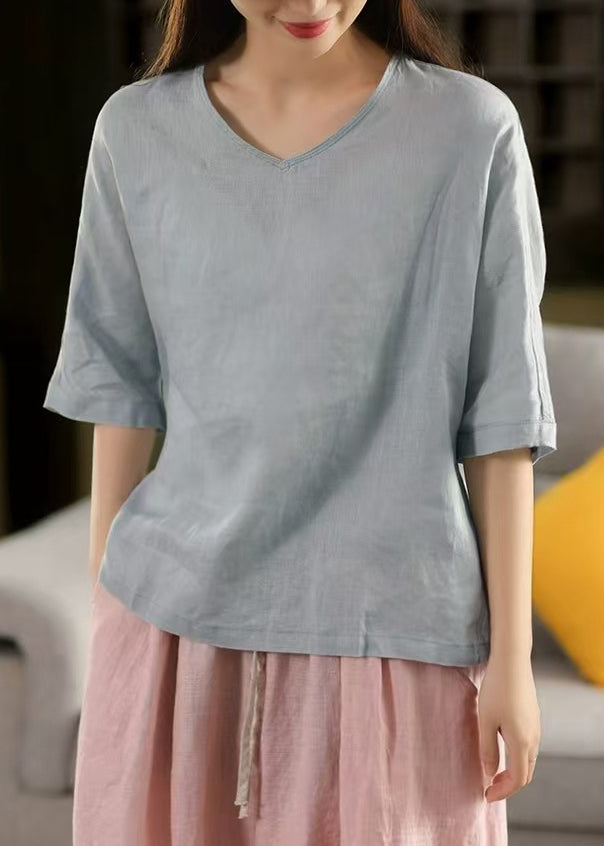 Light Blue V Neck Linen T Shirt Half Sleeve