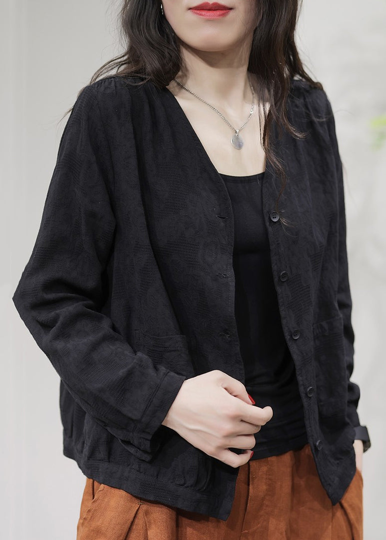 Cozy Black V Neck Button Cotton Coats Long Sleeve