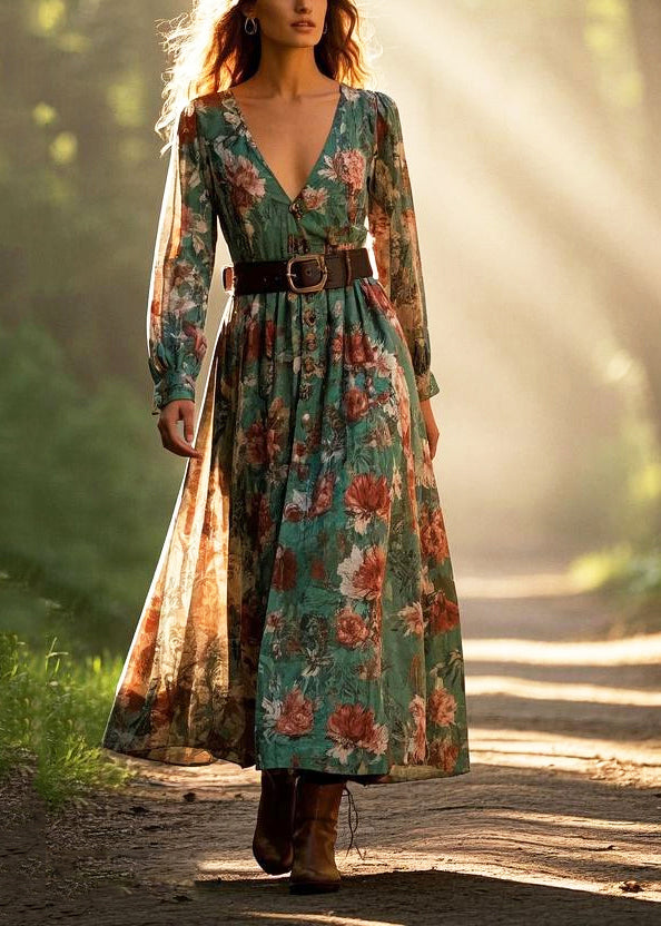 Natural Green Cinched Print Cotton Dresses Spring