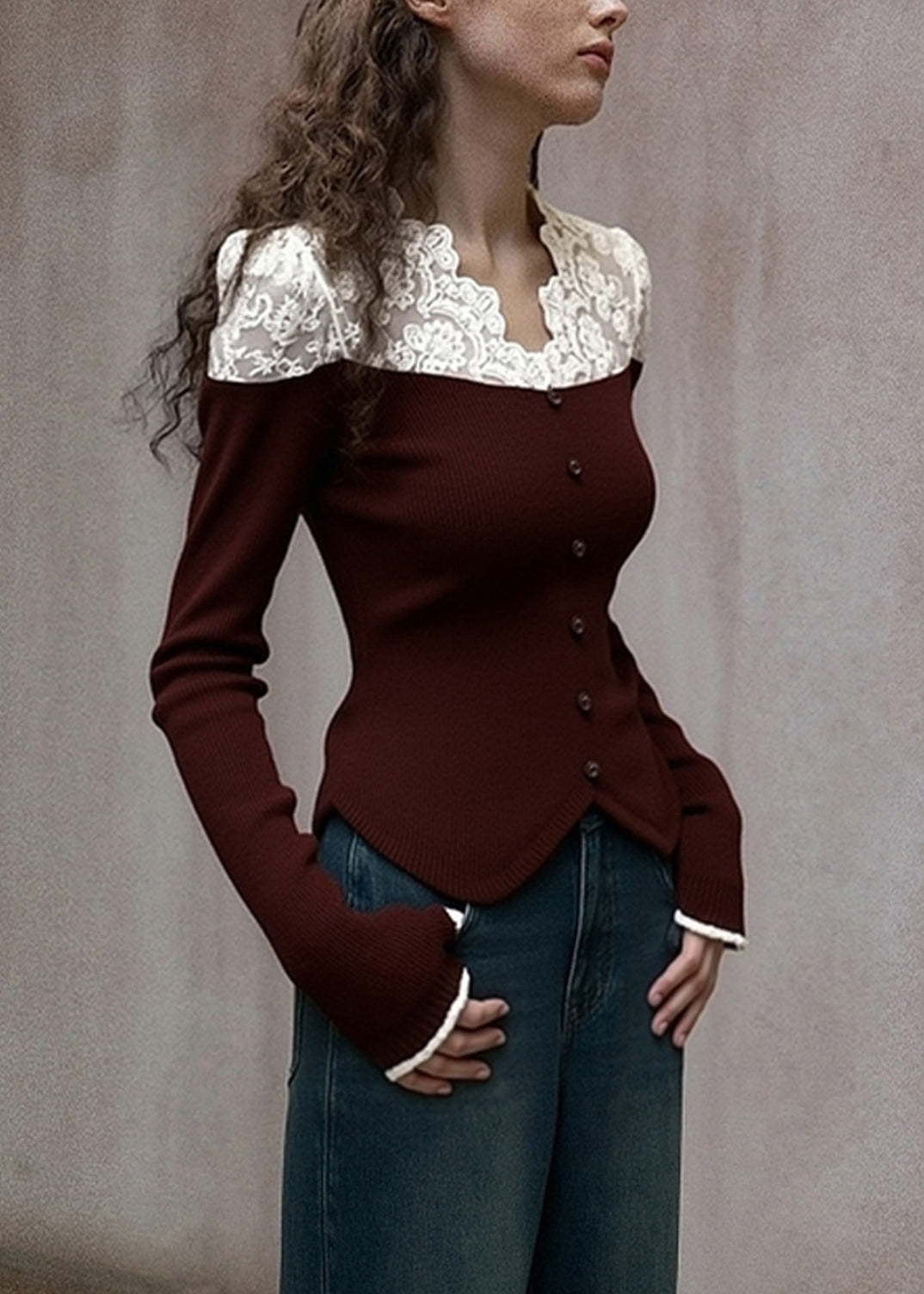 Style Brown V Neck Patchwork Lace Knit Shirts Winter