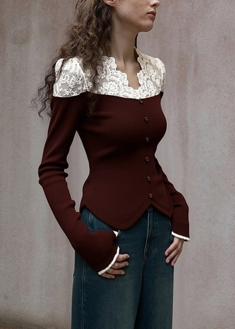 Style Brown V Neck Patchwork Lace Knit Shirts Winter