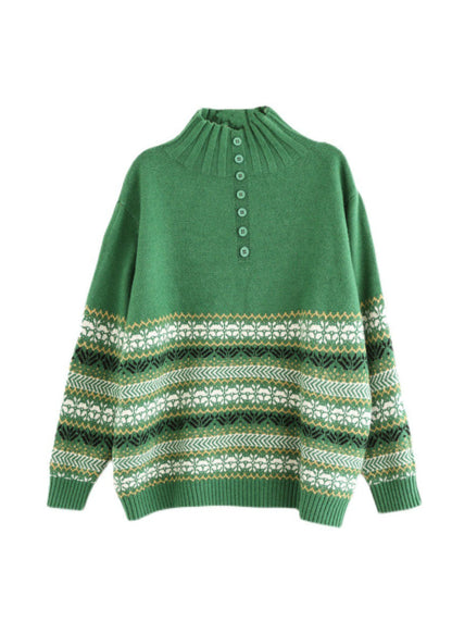 Green Thick Knitted Sweaters Button Print Long Sleeve
