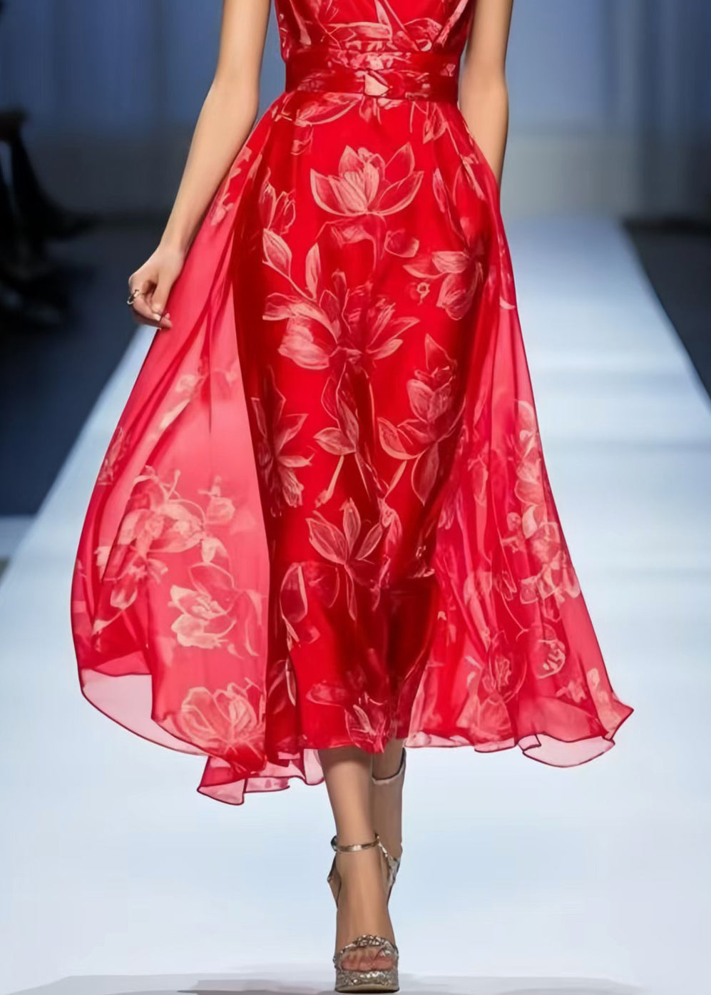 Red Print Draping Chiffon Vacation Dresses Sleeveless