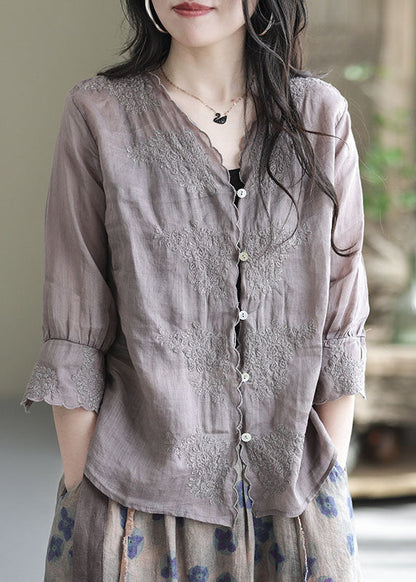 Purple V Neck Button Linen Shirt Half Sleeve