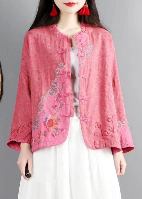 Green Ruffled Embroideried Chinese Button Cotton Coats Spring