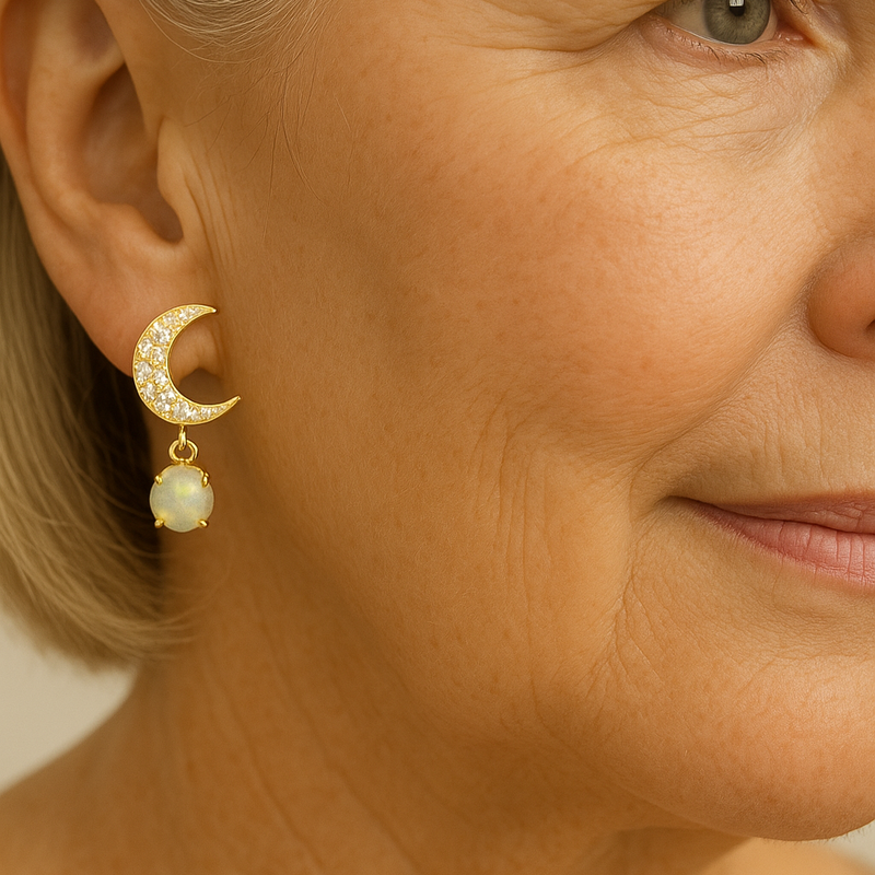 Moon and Star Earrings in Gold and Opal