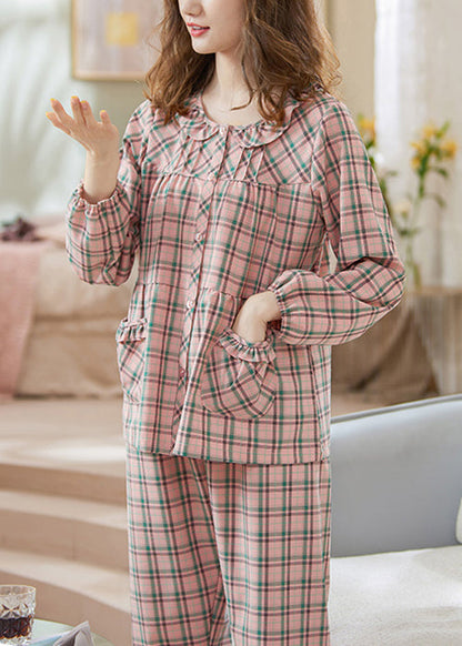 Loose Pink Plaid Pockets Shirts and Pants Cotton Pajamas Two Pieces Set Fall