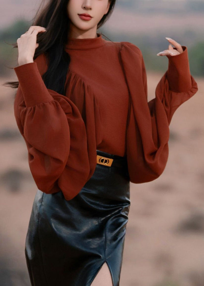 New Red Wrinkled Zippered Chiffon Patchwork Blouses Fall