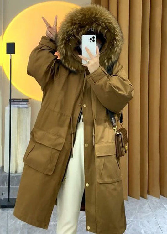 Art Caramel Faux Fur Collar Drawstring Pockets Parka Winter