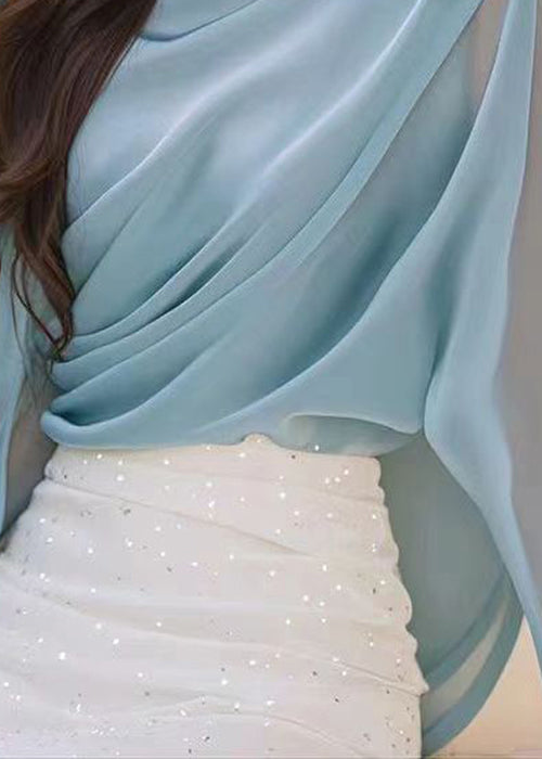 Stylish Blue Wrinkled Chiffon Shirt Fall