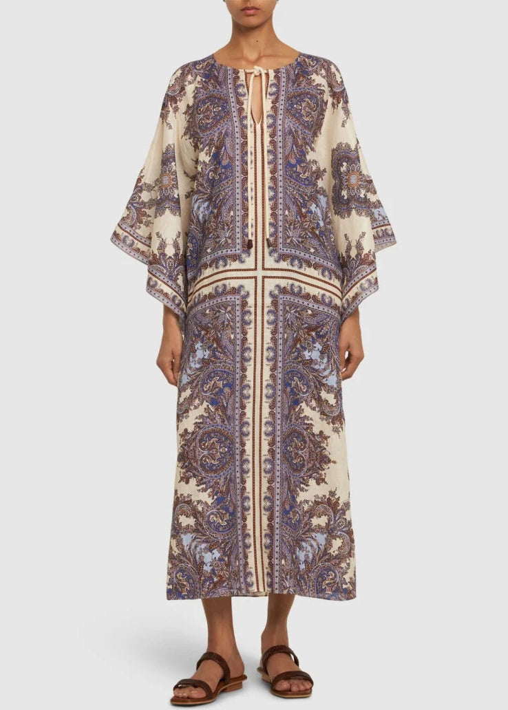 Purple Print Lace Up Cotton Holiday Dress Fall