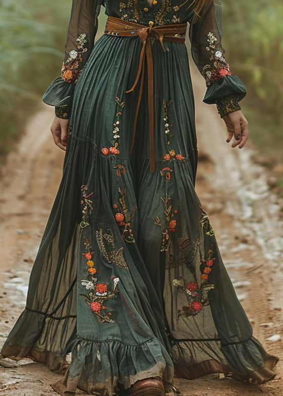 Green Peter Pan Collar Print Wrinkled Cotton Long Dresses Fall