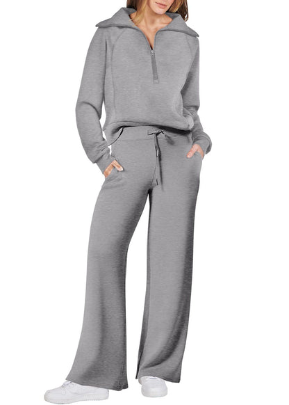 Loose Light Green Zip Up Tops and Wide Leg Pants Cotton Two Pieces Set Spring