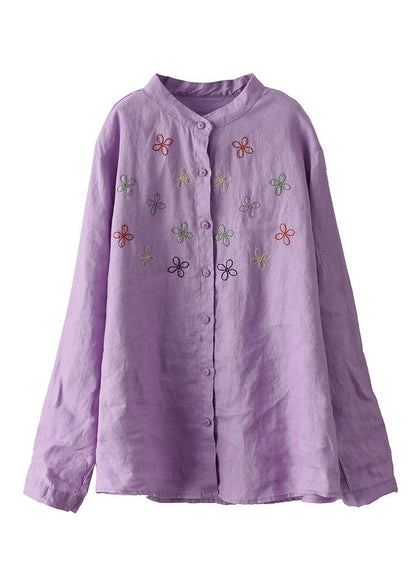 Purple Stand Collar Embroidered Linen Shirt Long Sleeve