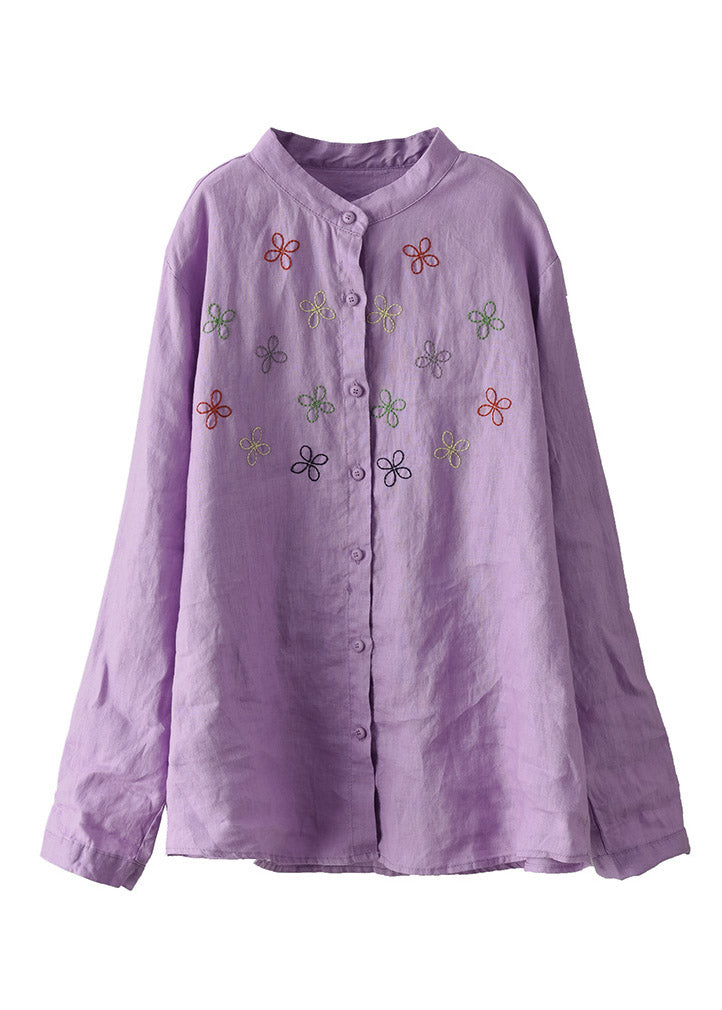 Purple Stand Collar Embroidered Linen Shirt Long Sleeve