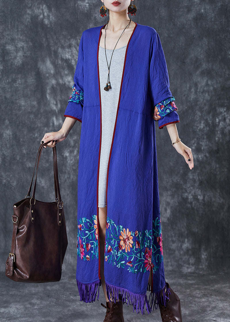 Blue Tasseled Embroidered Cotton Cardigan Fall