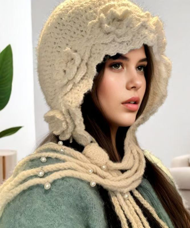 Handmade Beige Tassel Nail Bead Wool Knit Boonie Hat