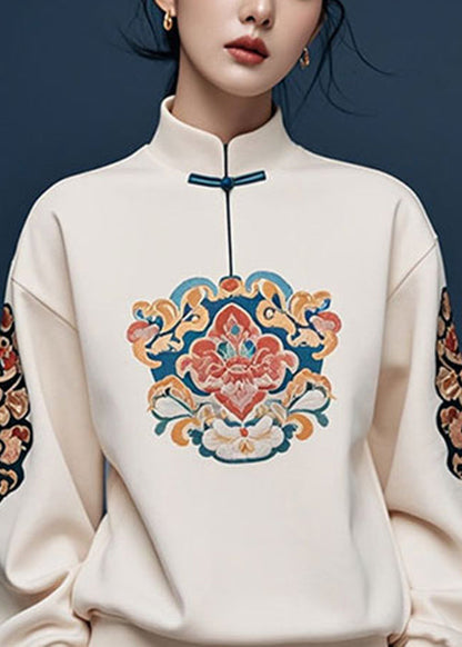 Apricot Stand Collar Print Cotton Pullover Sweatshirt Fall
