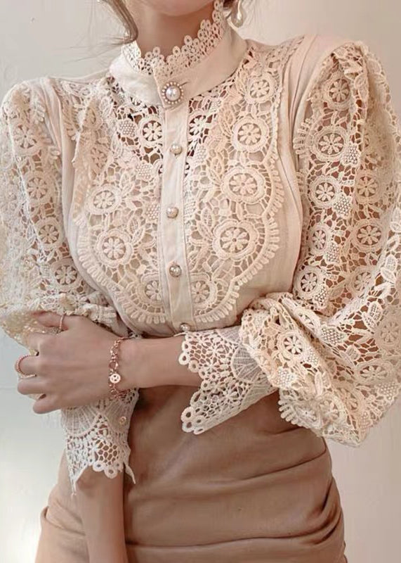 French Apricot Hollow Out Patchwork Lace Tops Spring