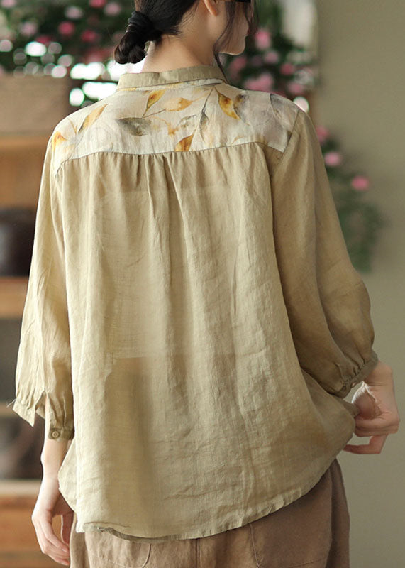 Khaki Print Linen Blouses Ruffles Peter Pan Collar Three Quarter Sleeve